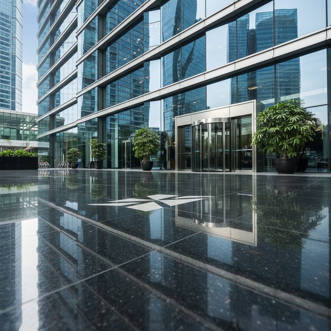 The exterior of a modern glass office building featuring a revolving door entrance, large potted plants, and an "X" logo embedded in the polished black floor.