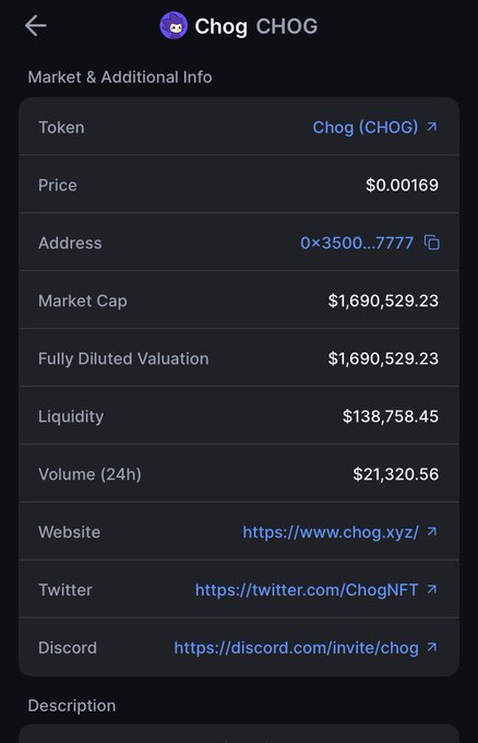 In the image, there's a screenshot of an app called CHOG Chog. The app appears to be designed for Twitter users as indicated by the "tweet" text displayed at the top left corner. It also seems to be related to cryptocurrency because it has the term "CHOG" written on its page. The app is being used on the Facebook platform, possibly to provide additional information or details about CHOG Chog.