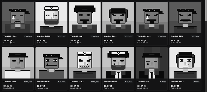 A grid of 12 grayscale pixel-art NFT profile pictures displayed on a marketplace, each with usernames like 'The THSD #7256' and prices such as '$8.87' along with auction end times.