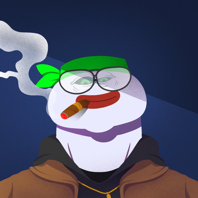 Digital illustration of an anthropomorphic egg character wearing a green bandana, glasses, and a brown jacket, smoking a cigar with smoke trailing into the dark blue background.