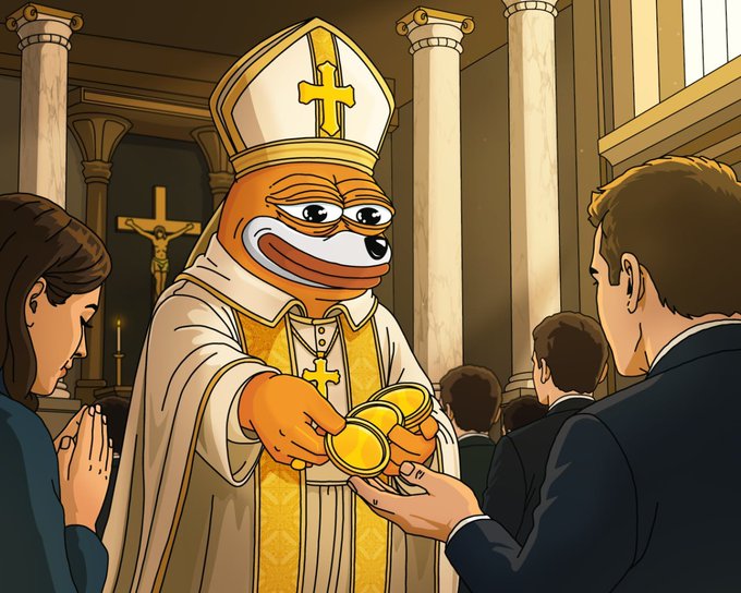 The image depicts an anthropomorphic dog dressed as a Pope, wearing a mitre and ceremonial vestments, distributing golden coins to a kneeling man in a church, while a praying woman looks on—fitting the "welcome to the memecoin church" theme by portraying the memecoin as a divine, ritualistic offering blessed by a holy figure.