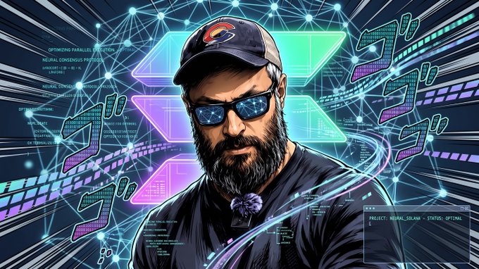 A stylized digital illustration of a bearded man wearing sunglasses and a cap against a neon, tech-inspired background with Japanese katakana characters.