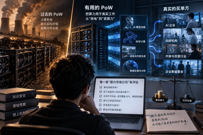 An AI-generated infographic in Chinese contrasts 'Past PoW' (传统的PoW) showing power plants with 'Useful PoW' (有用的PoW) depicting modern GPU servers powering AI models and data analysis, with a person viewing the diagram on a laptop.