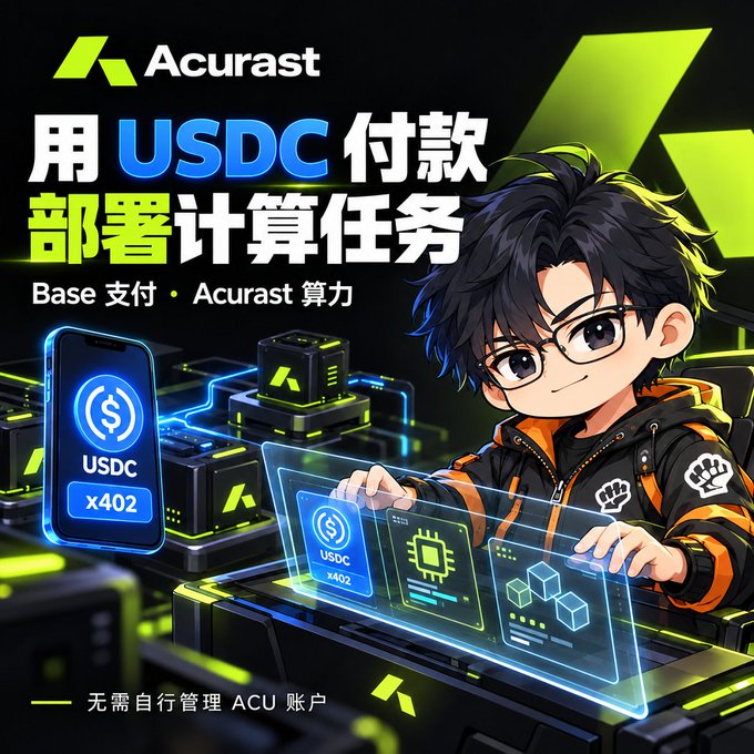 A promotional advertisement for Acurast featuring anime-style artwork, with text reading "用 USDC 付款 部署计算任务" (Pay with USDC, deploy computing tasks), "Base 支付 • Acurast 算力" (Base payment • Acurast compute), and "无需自行管理 ACU 账户" (No need to manage ACU accounts yourself).