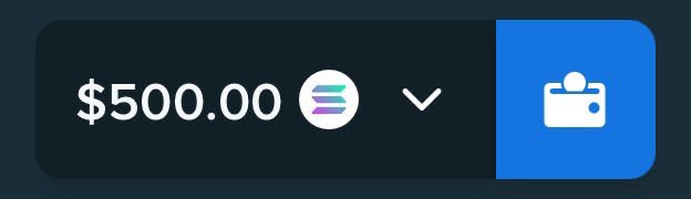 A digital interface element showing a payment or withdrawal amount of '$500.00' in the Solana cryptocurrency, indicated by the Solana logo, next to a blue button with a wallet icon.
