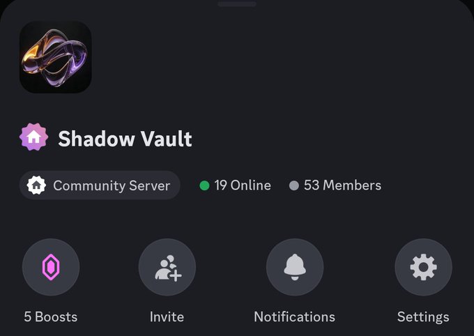 A Discord server interface screenshot shows 'Shadow Vault' as a Community Server with 19 online and 53 members, featuring Boost, Invite, Notifications, and Settings options.