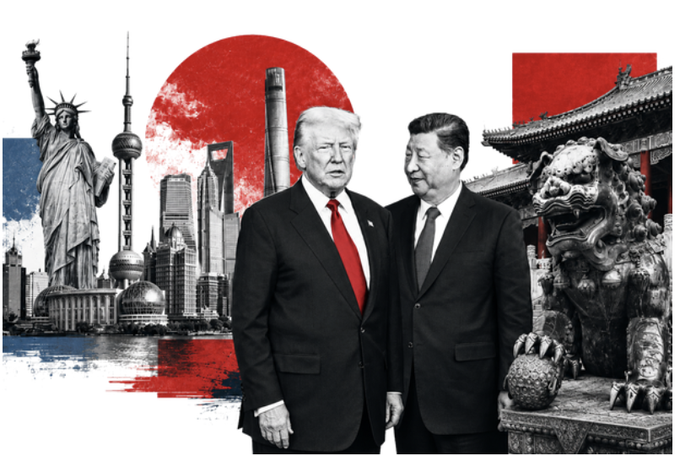 Donald Trump and Xi Jinping stand juxtaposed against imagery of New York and Shanghai skylines, likely representing a macro review of US-China economic relations. This visual ties into the report's focus on market analysis, where gold is valued at $28T and Bitcoin at $1.29T.