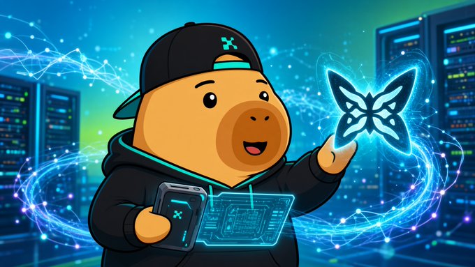 A cartoon capybara wearing a black cap and hoodie holds a smartphone and a glowing circuit board, reaching toward a luminous butterfly-shaped hologram amid a digital server backdrop. The image ties to the post's reference to @quipnetwork by personifying a tech-savvy mascot engaging with quantum-themed visual elements like circuitry and butterfly-wing-like light formations.