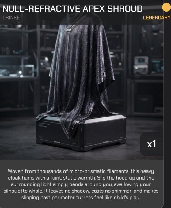 A digital item card titled "NULL-REFRACTIVE APEX SHROUD" labeled as a Legendary Trinket, showing a dark, woven cloak on a pedestal with descriptive text about micro-prismatic filaments and invisibility.