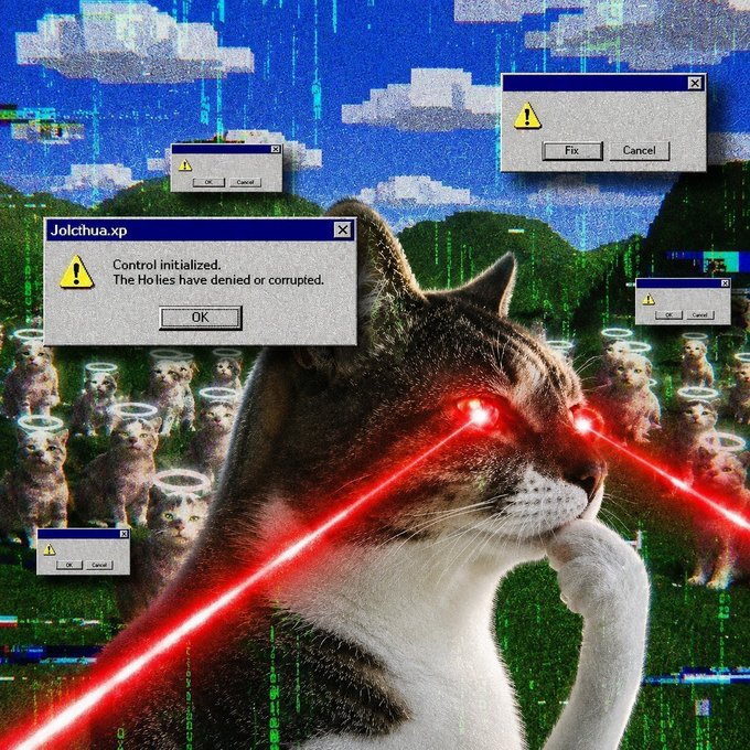 A surreal, glitch-art style image featuring a cat with glowing red laser eyes, surrounded by Windows-style error pop-ups reading 'Joltchua.xp' and 'Control initialized. The Ho llies have denied or corrupted,' set against a digital landscape with angelic cats.