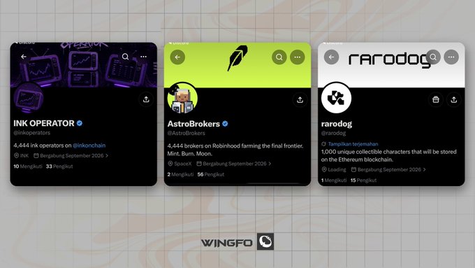 The image showcases three NFT collection cards from Wingfo, featuring INK OPERATOR (4,444 supply), AstroBrokers (4,444 supply, "Mint. Burn. Moon." tagline), and rarodog (1,000 unique characters on Ethereum), visually highlighting early NFT projects referenced in the accompanying post about emerging blockchain collections.