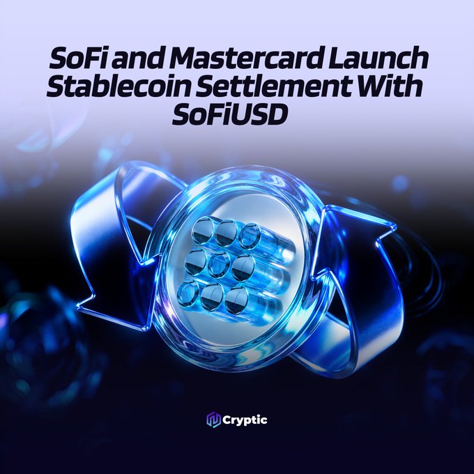 The image displays a headline reading "SoFi and Mastercard Launch Stablecoin Settlement With SoFiUSD," overlaid on a futuristic 3D rendering of a translucent blue Mastercard logo featuring its iconic interlocking circles. The graphic visually reinforces the announcement of SoFi becoming the first bank to implement stablecoin settlement on Mastercard's network, which processes over $25 billion in annualized volume.