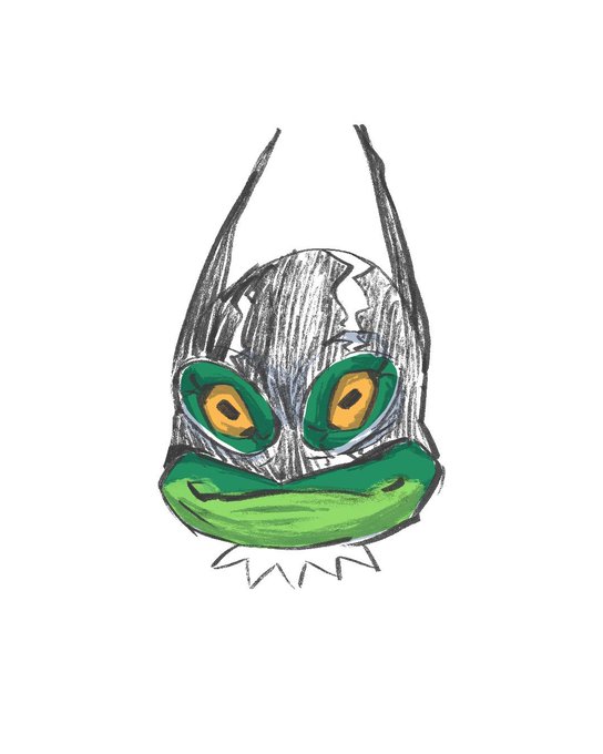 A sketch of a stylized creature or mask with large green and yellow eyes, two tall pointed ears or horns, a wide green mouth, and a small jagged white collar.