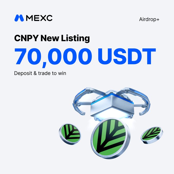 A promotional graphic from MEXC announcing the new listing of CNPY token with a 70,000 USDT Airdrop+ giveaway, encouraging users to deposit and trade to win. The post's reference to "CNPY x MEXC 🌿 September 7" likely indicates the launch date of this listing event on the MEXC exchange.