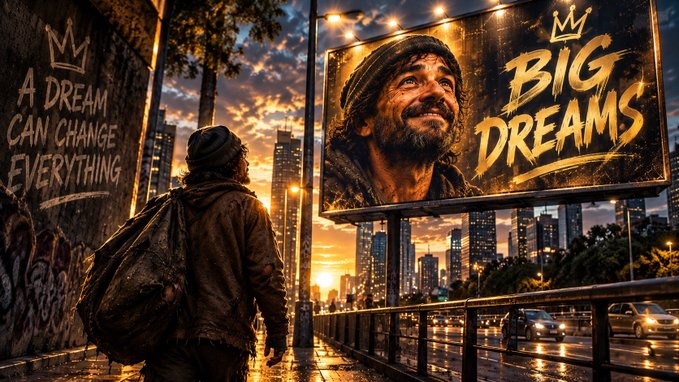 A street art mural shows a person looking at a billboard that reads 'BIG DREAMS' featuring a man with a beard, with graffiti on a wall to the left saying 'A DREAM CAN CHANGE EVERYTHING'.