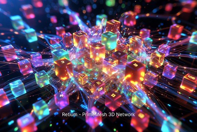 Abstract 3D digital artwork titled 'Retiüm - PrimeMesh 3D Network' showing colorful glowing cubes with numbers connected by luminous energy lines against a dark background.