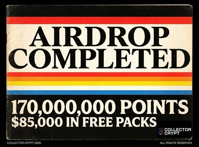 A vintage-style promotional graphic announces "AIRDROP COMPLETED" in bold black lettering across a cream background with red, yellow, and blue horizontal stripes. Below, it details the distribution of "170,000,000 POINTS" and "$85,000 IN FREE PACKS," with a Collector Crypt logo in the bottom right corner, visually celebrating the completion of the $CARDS holders' August gacha points airdrop mentioned in the accompanying post.