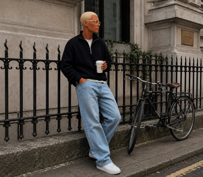 A person with short blonde hair, sunglasses, a dark quarter-zip pullover, and loose light-blue jeans leaning against a black wrought-iron fence holding a coffee cup, with a black bicycle parked beside them.