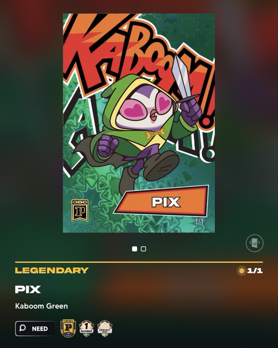 The image shows a digital trading card titled "KABOOM!" featuring "PIX," a hooded character with heart-shaped pink eyes holding scissors against a green floral background, labeled as "LEGENDARY," "Kaboom Green," and "1/1" from the Panini Blockchain x Moonbirds collaboration, with the caption describing the character's role as a positive force in the Moonbirds community.