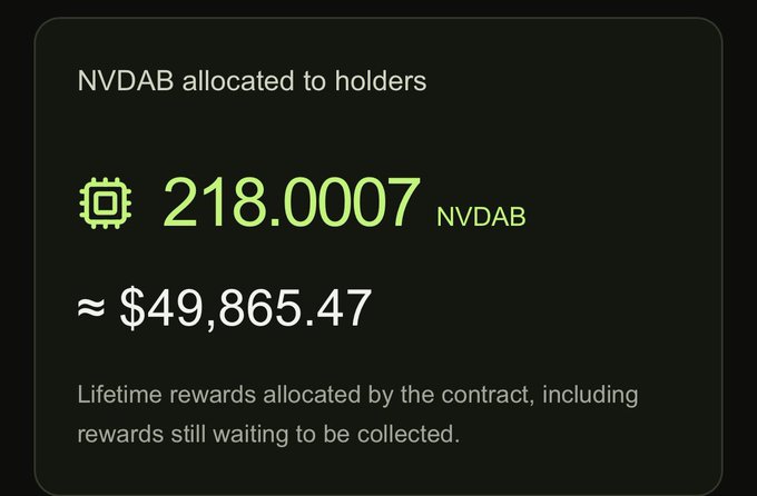 A digital interface displays 'NVDAB allocated to holders' showing 218.0007 NVDAB (approximately $49,865.47), with a note explaining these are lifetime rewards allocated by the contract, including those still waiting to be collected.