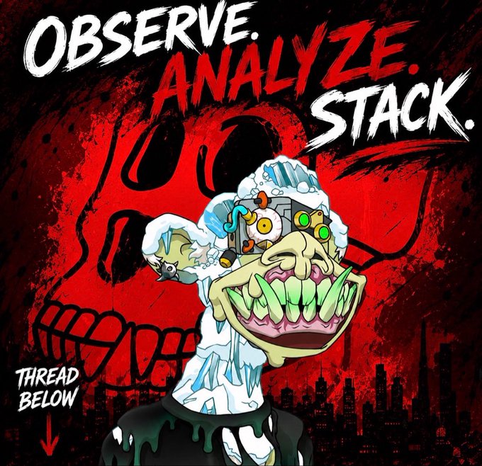 A red-themed meme graphic features a grotesque cartoon character with text reading 'OBSERVE. ANALYZE. STACK.' and 'THREAD BELOW' with a downward arrow.