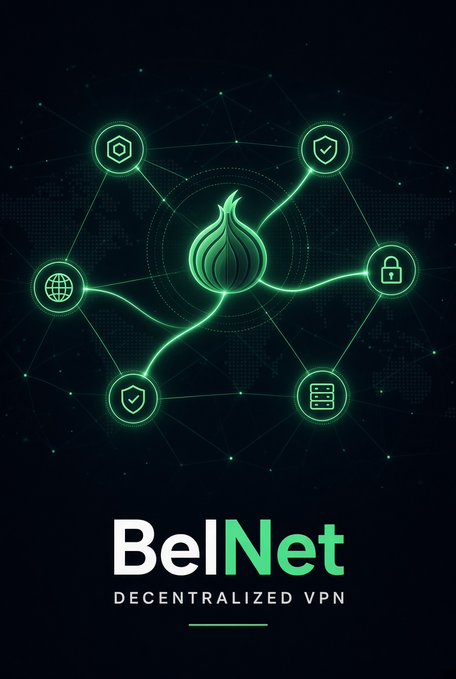 A promotional graphic for 'BelNet' features a glowing green decentralized VPN logo surrounded by security icons like a padlock, shield, and globe against a network background.