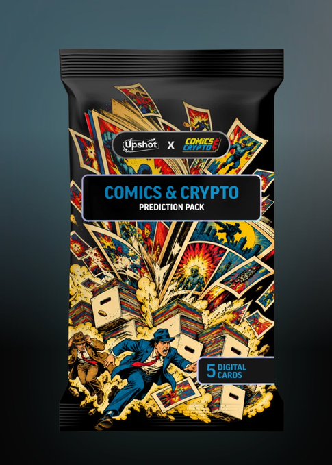 A black digital trading card pack labeled 'Upshot x COMICS CRYPTO' and 'COMICS & CRYPTO PREDICTION PACK' is illustrated with dynamic comic book art showing characters fleeing from exploding comic pages, noting '5 DIGITAL CARDS' in the corner.