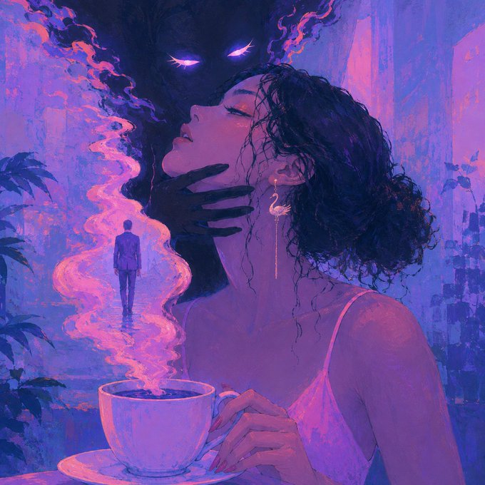 A surreal illustration bathed in purple hues depicts a woman with closed eyes holding a teacup, from which a shadowy figure with glowing eyes emerges, grasping her chin, while a small man in a suit floats in the smoke between them. The dreamlike artwork visually embodies the post's theme of "art echoes," suggesting that the artist's 1/1 piece on Tezos (xtz) distills emotional, mystical reflections within a single cup of creation.