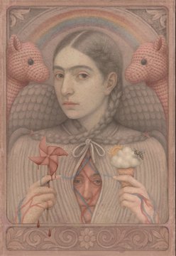 A surreal artwork depicting a pale, solemn figure with braided hair flanked by two large pink fish-like creatures, holding a pinwheel and an ice cream cone, with a small face visible inside her chest.