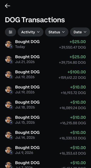 A mobile app screen titled 'DOG Transactions' shows a series of DOG purchases in increasing amounts (e.g., +$10.00, +$25.00, +$100.00) with corresponding DOG quantities across several dates in July 2026.
