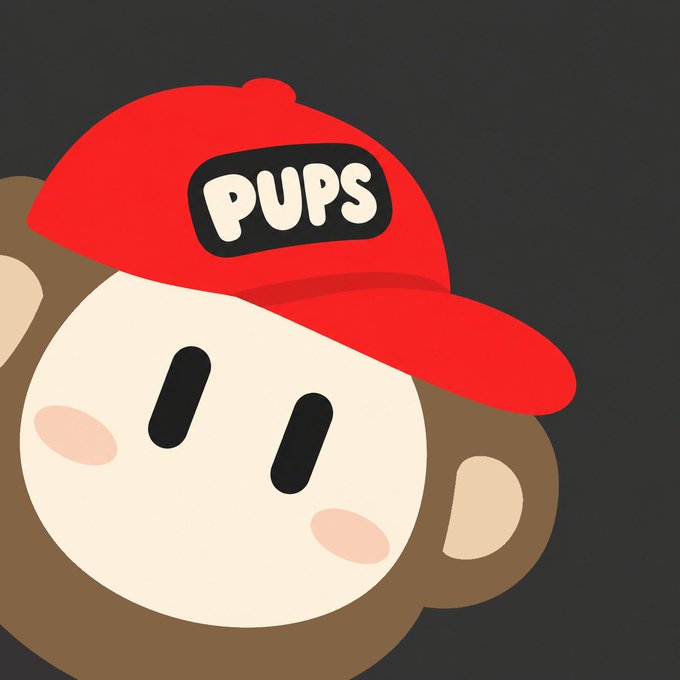 A cartoon character with a round face wearing a red baseball cap with 'PUPS' written on the front patch, set against a dark background.