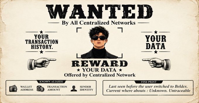 A 'WANTED' style poster featuring a figure with sunglasses reads 'By All Centralized Networks' and 'REWARD YOUR DATA Offered by Centralized Network', with sections labeled 'YOUR TRANSACTION HISTORY' and 'YOUR DATA'. Fine print references 'Beldex' and notes current whereabouts as 'Unknown. Untraceable.'
