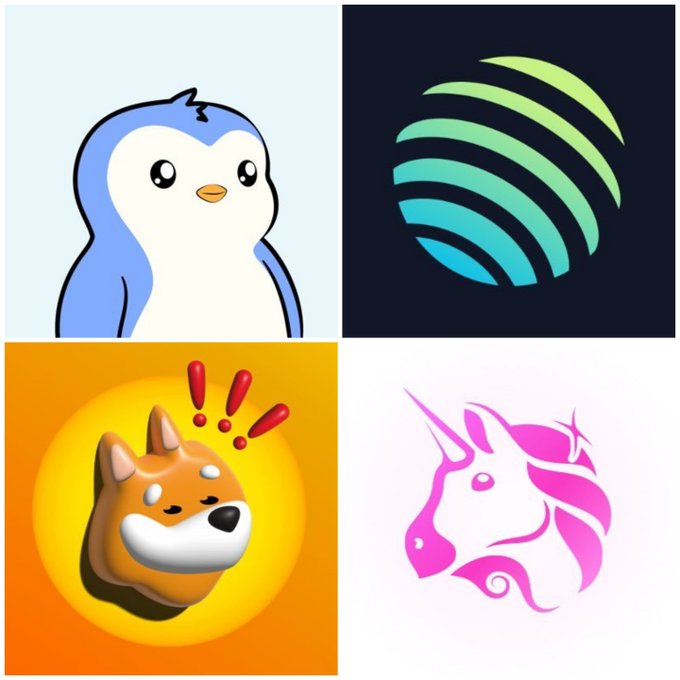 A 2x2 grid displays four mascot illustrations: a blue penguin on light blue, a teal-to-green striped sphere on dark blue, an orange 3D dog face on yellow, and a pink unicorn silhouette on light pink.