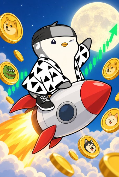 The image shows a cute cartoon penguin wearing a black and white patterned outfit riding a rocket ship through a night sky with a full moon, surrounded by floating gold coins featuring various meme characters (including Doge, Pepe, and Shiba Inu) and a green upward-trending chart. It relates to the post by visually capturing the memecoin rocket-ride hype—coins soaring alongside bullish price action—while the penguin's calm, "GM" demeanor suggests questioning whether the products behind these tokens can truly sustain the momentum and live up to the "next Hyperliquid" label.