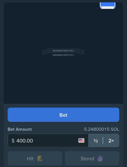 A blackjack betting screen displays a $400.00 bet (5.24800015 SOL) with "Hit" and "Stand" options, along with payout rules showing "BLACKJACK PAYS 3 TO 2" and "INSURANCE PAYS 2 TO 1." The image illustrates the post's claim of risking a $400 hand with the promise of giving away more cash if they win.