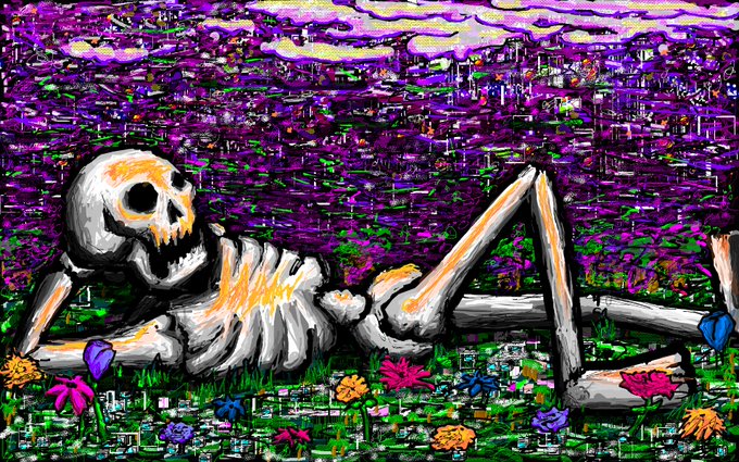 A digital painting of a skeleton reclining in a field of flowers against a glitchy purple sky background.