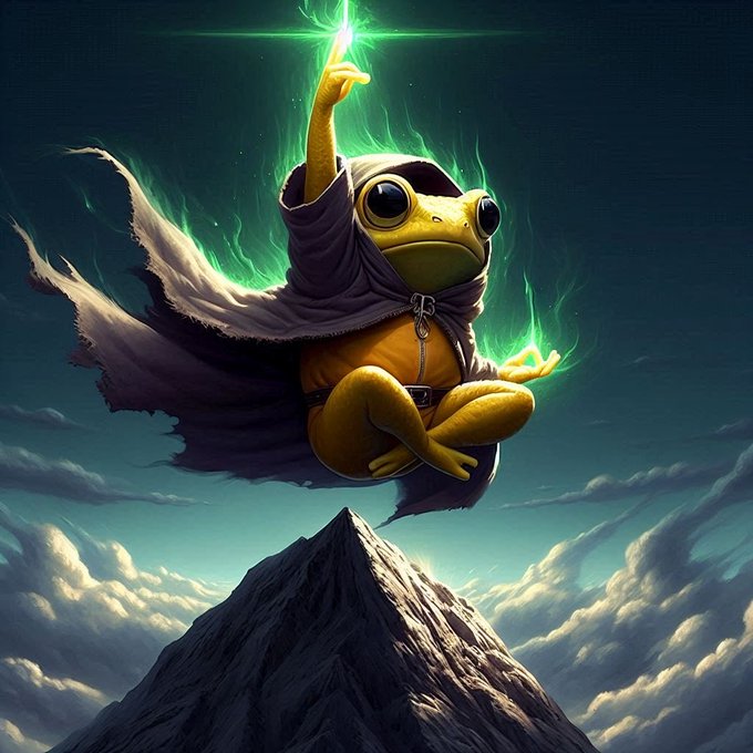 A fantasy digital artwork depicting an anthropomorphic frog wearing a dark hooded cloak, floating above a mountain peak while casting green magical energy from its hands.