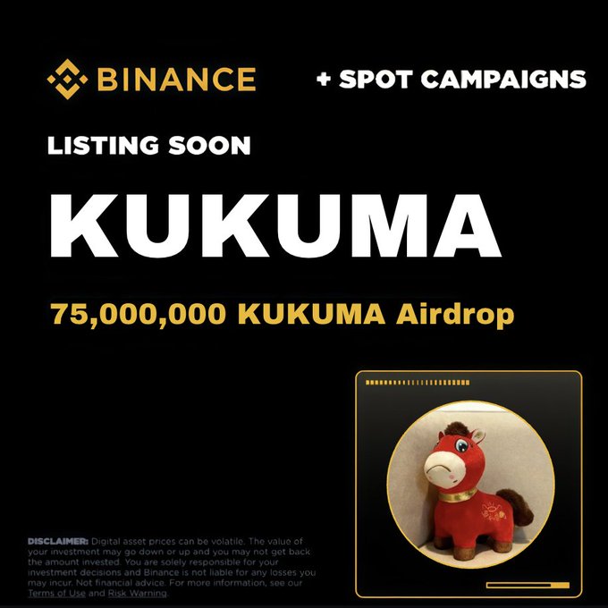 A Binance promotional graphic announcing "LISTING SOON KUKUMA" with a "75,000,000 KUKUMA Airdrop," featuring a red horse plush toy mascot, which corresponds to the airdrop campaign offering 135,000 $KUKUMA tokens per wallet through a Binance Spot Campaign.