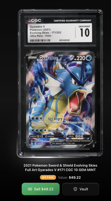 A graded CGC 10 GEM MINT Pokémon card, specifically a 2021 Pokémon Sword & Shield Evolving Skies Full Art Gyarados V #171, shown with a value of $49.22.