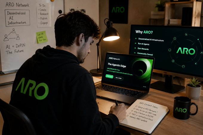 A young man wearing an ARO-branded hoodie working at a desk with a laptop and monitor displaying ARO Network, a 'Decentralized AI Infrastructure' project, with a notebook listing ARO contract ideas and a coffee mug.