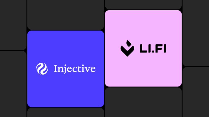 The image displays two rounded square tiles on a dark grid background: a blue tile featuring the "Injective" logo and a pink tile featuring the "LI.FI" logo, representing the integration partnership between the two platforms.