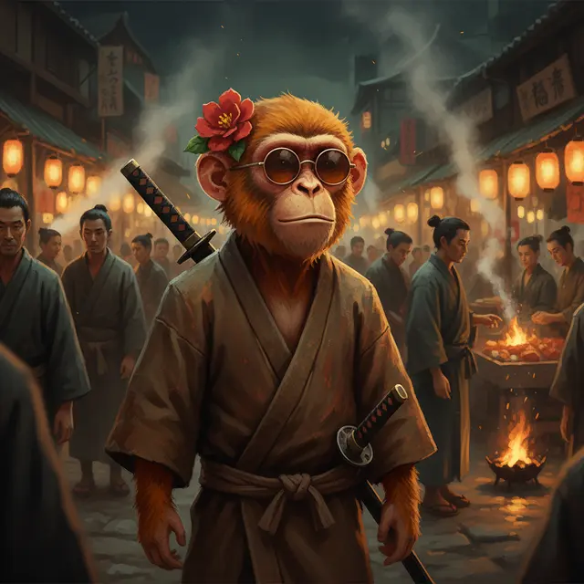 A digital illustration of a monkey wearing round sunglasses, a red flower in its hair, and a brown kimono, carrying two swords, standing in a dimly lit Japanese street market scene.