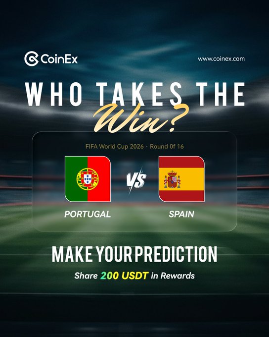 A CoinEx promotional graphic for a FIFA World Cup 2026 Round of 16 prediction contest between Portugal and Spain, offering 200 USDT in rewards and inviting users to make their predictions. The post expands on this by detailing that 20 winners will be randomly selected from accurate predictions, with participants asked to comment the winning team, final score, and first goal scorer.