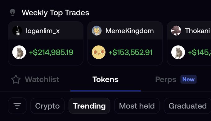 A screenshot of the fomo app's "Weekly Top Trades" leaderboard shows user "loganlim_x" as the top earner with +$214,985.19, followed by "MemeKingdom" at +$153,552.91 and "Thokani" with over $145,000 in gains, highlighting a featured top trader's success alongside the app's Tokens Trending tab.