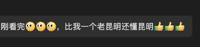 Chinese comment reading '刚看完😭😭😭，比我一个老昆明还懂昆明👍👍👍' (Just finished watching, knows Kunming better than this old Kunming resident), with crying emojis and thumbs up emojis.