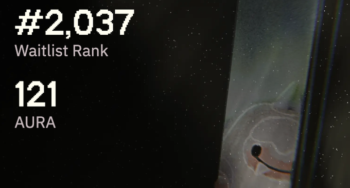 The image shows a waitlist rank of #2,037 and 121 AURA tokens displayed against a dark, space-like background. This aligns with the post's staking strategy, showing early progress and accumulated AURA tokens on the waitlist.