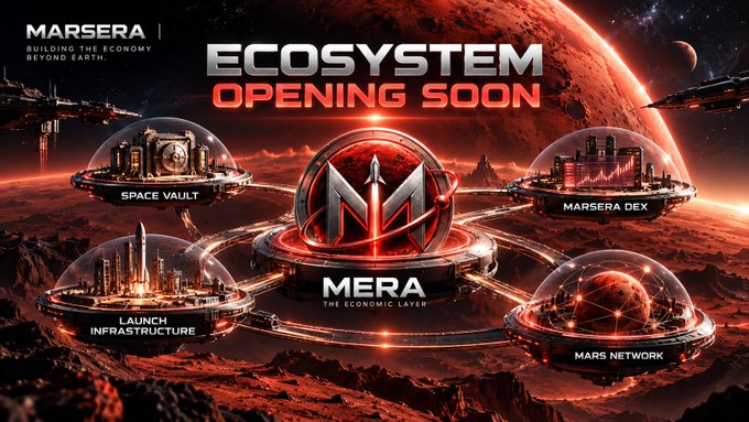 A sci-fi themed promotional graphic for the Marsera ecosystem, set against a red Martian landscape, highlights the upcoming launch of MERA ("The Economic Layer") alongside its interconnected components: Space Vault, Marsera DEX, Mars Network, and Launch Infrastructure, with text declaring "ECOSYSTEM OPENING SOON" and the tagline "BUILDING THE ECONOMY BEYOND EARTH."