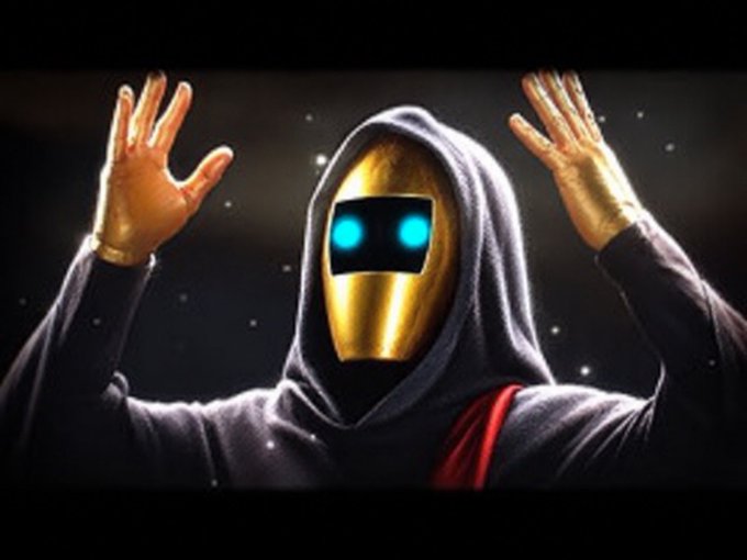 A dramatic illustration of a hooded figure wearing a golden metallic mask with glowing cyan eyes, hands raised against a dark starry background.