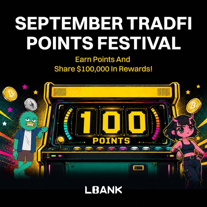 A vibrant promotional banner for LBank's "September TradFi Points Festival" features a glowing slot machine displaying "100 POINTS" flanked by two cartoon mascots—a green-haired male character in shorts on the left and a pink demon-horned female character on the right—both surrounded by floating Bitcoin and Ethereum coins against a starry black background. Bold white text announces the campaign with the subtitle "Earn Points And Share $100,000 In Rewards!" while the LBank logo sits at the bottom, visually reinforcing the accompanying post's call to complete tasks and redeem prizes like a 30g gold bar, MacBook Pro, $2,000 travel voucher, AirPods 4, and crypto vouchers before the October 1 deadline.