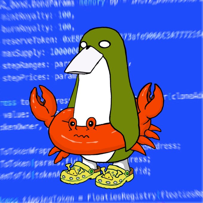 A cartoon penguin wearing Crocs sandals is clutching a worried-looking orange crab against a blue background filled with blurry code text.